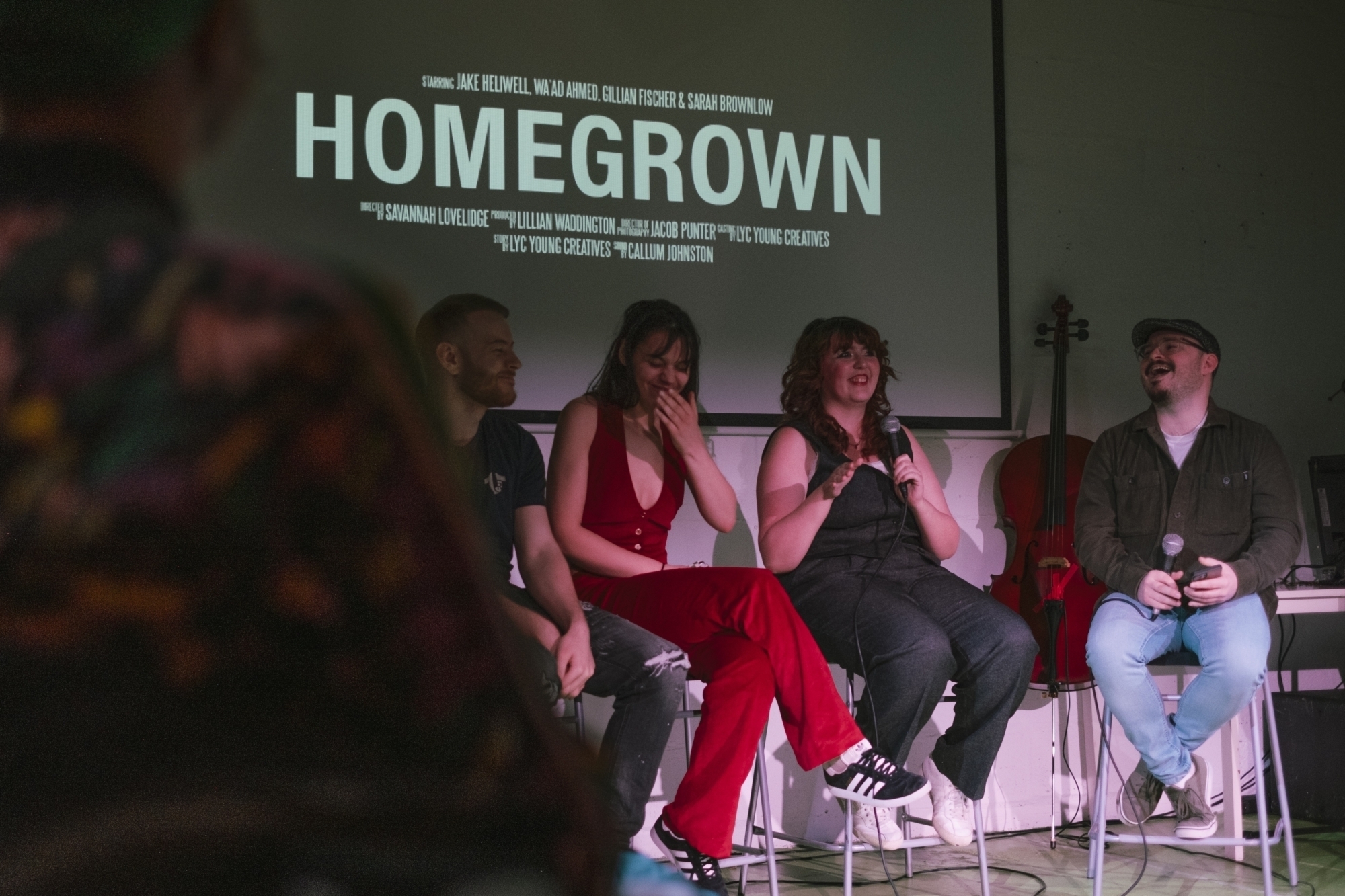 Sav, Jake and Lillian and LYC Mentor Callum Johnston at the LYC showcase in March 2025. Photo Credit: Nuria Castro