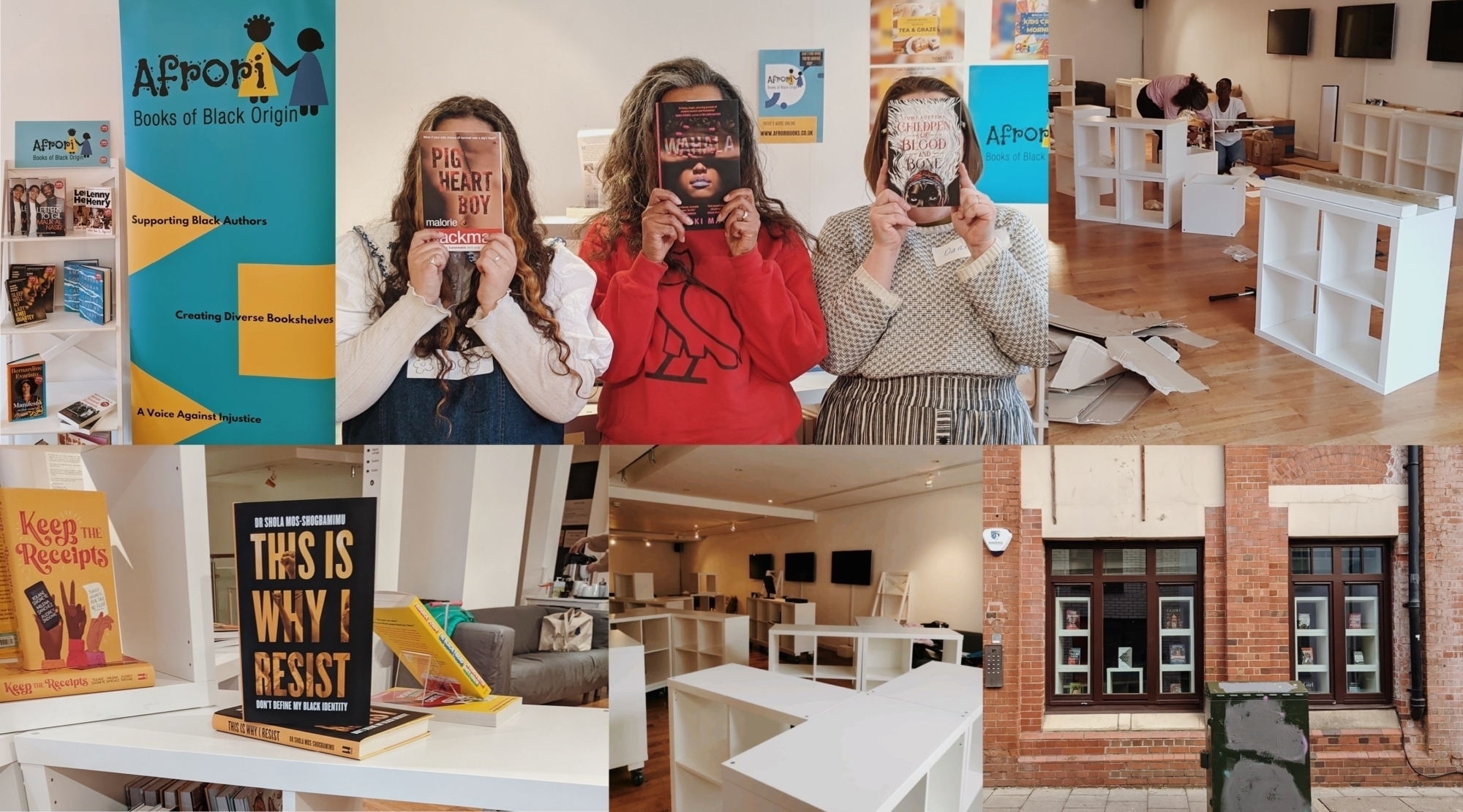 Collage of images showing Lighthouse reception space that is now Afrori Bookshop. Photos: Ysabel Bain.